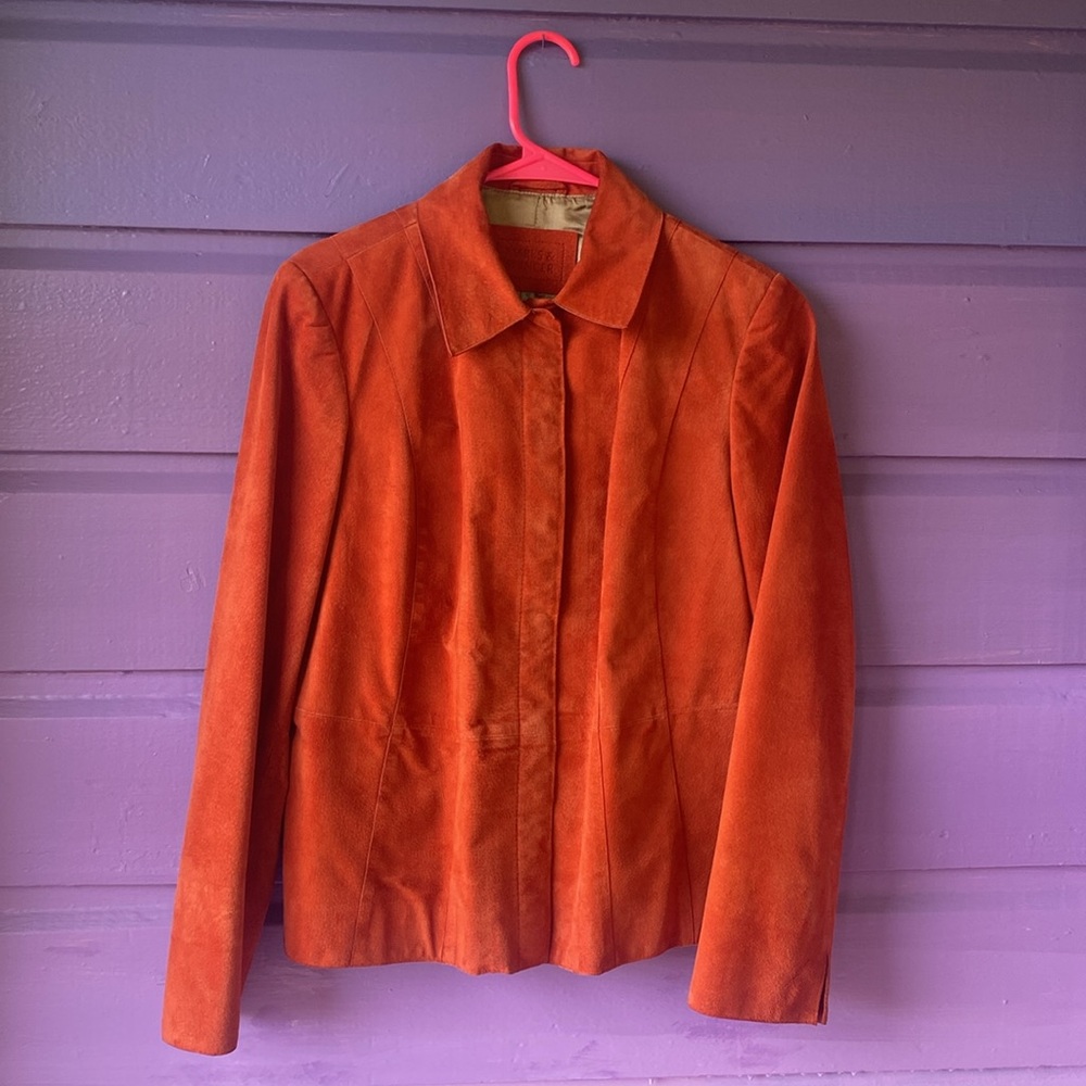 Fun Colorful Orange suede Jacket, Marks and Spenser, Size 12. 100% Suede Leather
